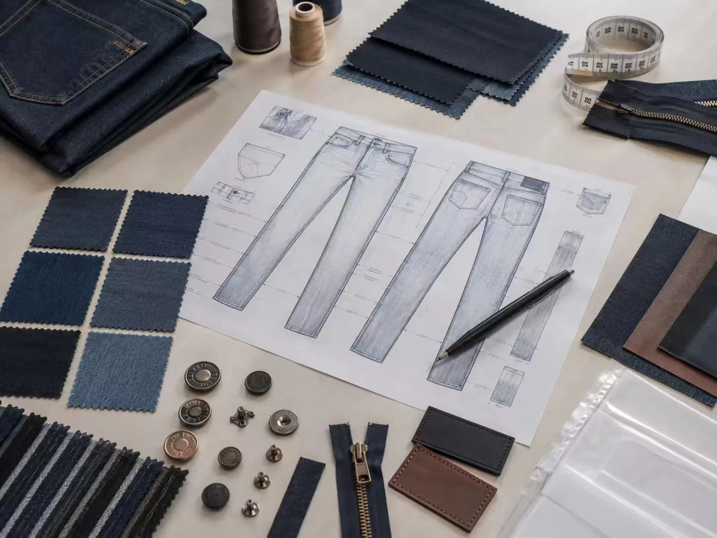 Custom denim design development — sketches, fabric and color swatches