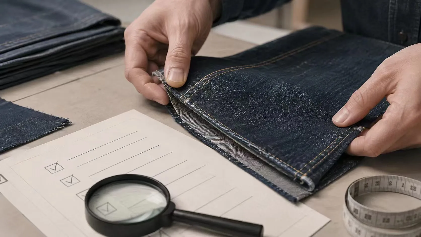 Quality inspection of finished denim under magnification